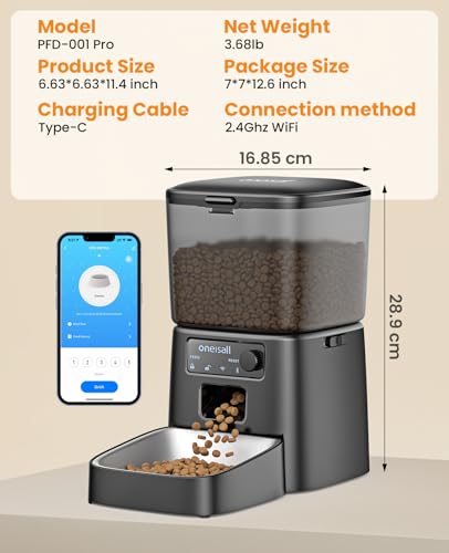oneisall Automatic Cat Feeder, 2.4G WiFi Cat Food Dispenser with App, 12 Cups/3.5L Auto Cat Feeder for Dry Food, Timed Cat Feeder with Portion Control for Small Pets Indoor