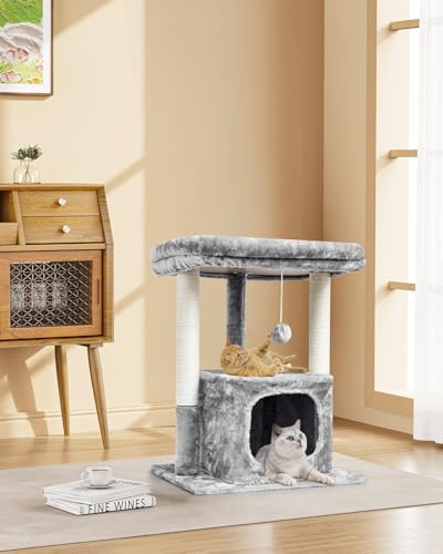 SYANDLVY 27IN Cat Tree for Indoor Cats Large Adult, Modern Activity Tower with Scratching Posts, Condo with Plush Perch, Climbing Stand with Spring Ball for Play, Grey