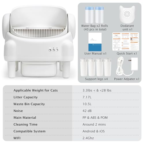 Self Cleaning Litter Box,Open Top Automatic Litter Box with App Control for Multiple Cats, Safety Sensors Protection, Odor Control Includes 2 roll Liners,Large Waste Bin, Cream White