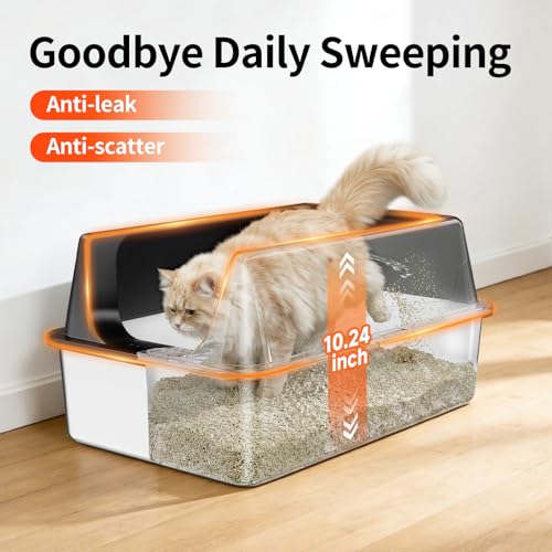 TEVILA 2 Pack XL Stainless Steel Litter Box with High Sides Shield for Multi Cat, Extra Large Tall Wall Open Top Deep Metal Pan for Big Cats, Anti-Leak Non-Stick Odor Control, 2 Scoops Included, Black
