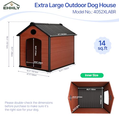 EHHLY 57" Extra Large Dog House Outdoor,Durable Resin DogHouses with 16mm Thick Durable Walls,14 Sq. ft Activity Space&Dual Air Vents,Suitable for Pets Up to 300lbs(57Lx47Wx50H, Brown)