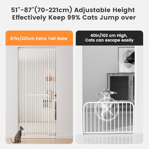 Gardner Pet 51"-87" Extra Tall Cat Gate for Doorway, Wide Adjustable 27.56"-37" Baby Gate Included 4 Extension Kits, Pressure Mounted Safety Full Door Gate for Stairs, Studio, Kitchen (White)