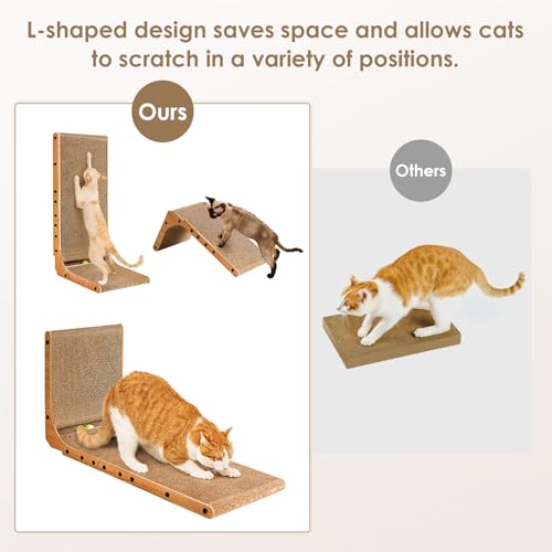 EHEYCIGA Cardboard Cat Scratcher for Indoor Cats, 26.8 Inch L Shaped Vertical Cat Scratching Board with Ball Cat Toy, Large Cat Scratcher Pad, Brown