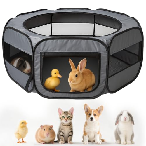 UWE Extra Large Small Animal Playpen, XL Portable Pet Playpen for Rabbit, Kitten, Guinea Pig, Hamster, Puppy – Waterproof Foldable Mesh Tent with Zipper Cover, Indoor Outdoor Use, Dark Grey