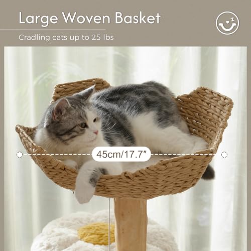 Moewrista Modern Cat Tree with Hammock 48.5 Inches Cat Tower with Scratching Post,Featuring Real Wood Post,Large Rattan Basket, Spacious Flower Perch and Condo for Indoor Cat Large Adults-Beige