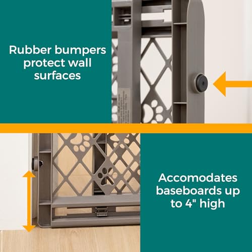 MYPET Paws Portable Pet Gate: 26-40" Wide Expandable, Pressure Mounted No Tools Needed, Durable Dog Gate for Doorways, Made in USA, 23" Tall, Fieldstone Gray