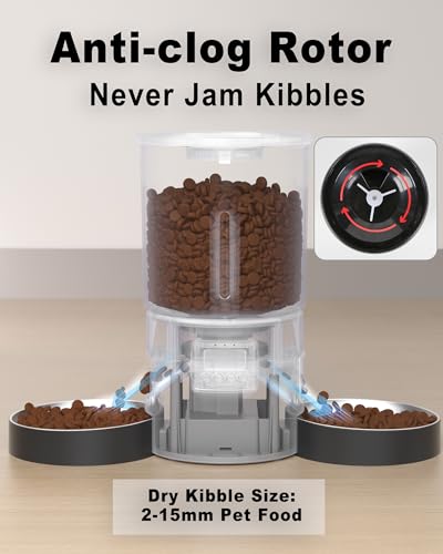 Automatic Cat Feeder 2 Cats, 4.2L Dry Food Auto Dispenser with Double Bowls,Dual Power Supply,Programmable Portion Control,10s Voice Recorder(Black,Stainless Steel Bowls) (Pure Black)