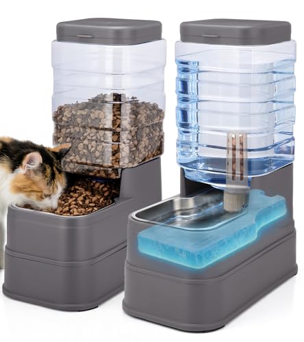 2 Pack Automatic Cat Feeder and Water Dispenser 1.3Gallon Dog Gravity Food Feeder and Water with Ice Pack Stainless Steel Dry Food and Waterer Bowl for Small Medium Large Pets (Grey)