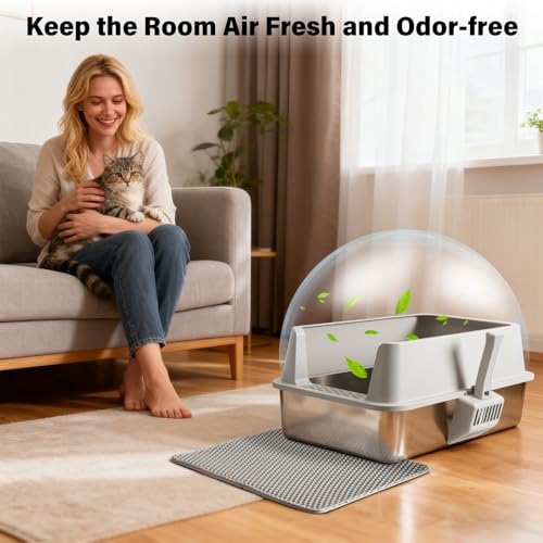 Stainless Steel Cat Litter Box with Lid, Large Metal Litter Box Stainless Steel with Mat & Scoop, Odor-Free/Anti-Leakage & Non-Stick/Easy Clean, High-Sided Litter Box for Multiple Big Cats(XL/Grey)