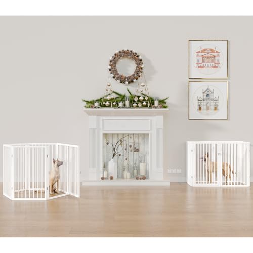 Vantas Folding No-Assembly Metal Pet Gate 120" Wide, 32" Extra Tall Dog Gate with Door Walk Through, Freestanding Accordion Puppy Gate Dog Door for Indoor & Outdoor, with 2PCS Support - White