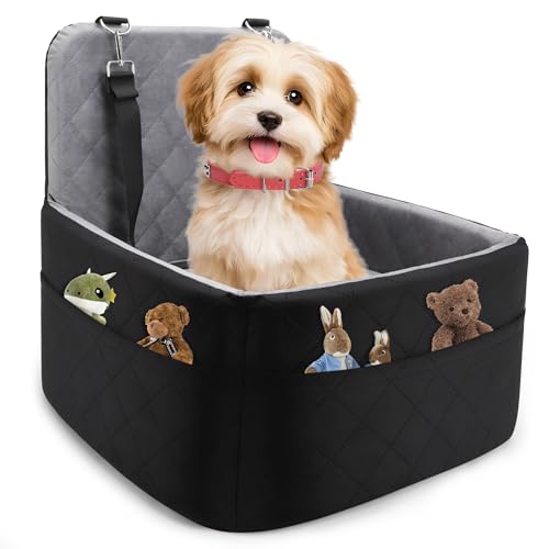 Dog Car Seat for Small/Medium Dogs,Pet Dog Booster Car Seat Puppy 15-35 lbs with Soft 4+2in Detachable Pads Detachable Elevated Cushion and Washable Cover Safety Belt Storage Pockets Easy to Install
