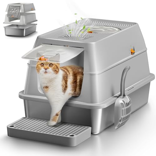 Eosarcu Stainless Steel Cat Litter Box with Lid, XL Large Enclosed High Sided Litter Box with Removable Lid, Carbon Filters -Odor Free, Easy Cleaning, Anti-Urine Leakage for Big Cats/Multiples-Grey