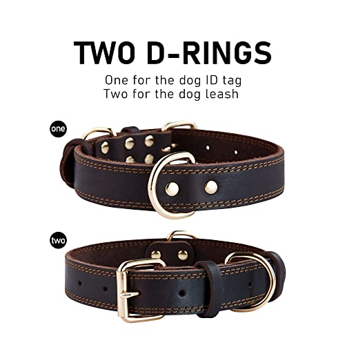 DAIHAQIKO Genuine Leather Dog Collar, Heavy Duty Wide Dog Collar for Small,Medium, Large and Extra Large Dog (L: 1.2" Wide for 17"-23" Neck, Dual Stitch - Brown)