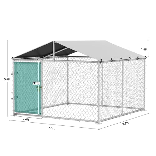 YITAHOME Outdoor Dog Enclosure with Metal Dog Gate, 7.5'x7.5' Dog Kennel Outside with Roof, Dog Fence Outdoor for Yard
