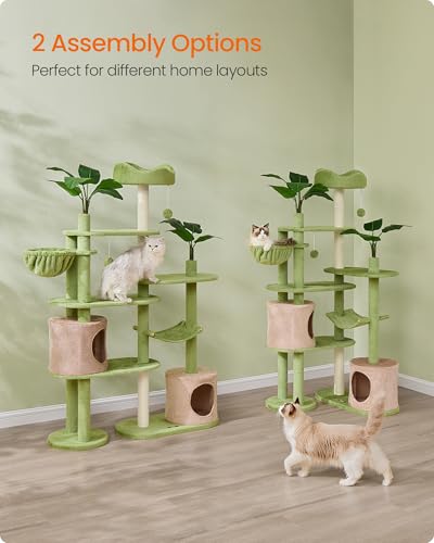 Feandrea Cat Tree, 68.1-Inch Tall Cat Tower, Multi-Level Plush Condo with Artificial Leaves, 3 Scratching Posts, 2 Pompoms with Bells, Grass Green and Camel Brown UPCT330C01