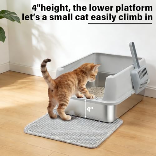 FUTAM Stainless Steel Litter Box with Lid, Metal Litter Box High Sides, Low Entry Litter Boxes with Scoop and Mat,Non-Stick,Anti-Leakage,Easy to Clean Litterbox for Small to Medium Cats