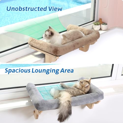 Zakkart Cat Perch for Window Sill with Bolster - Orthopedic Hammock Design with Premium Hardwood & Robust Metal Frame - Cat Window Seat for Large Cats - Natural Color Wood Gray Bed, 26.4''W