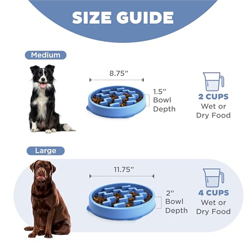 Outward Hound Fun Feeder Slo Bowl – Large 4‑Cup Capacity, Slow Feeding, Medium to Large Dogs, Non‑Slip, Blue, Notch Pattern