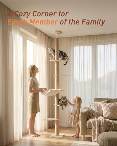 KinoTail Floor to Ceiling Cat Tree for Large Cats, 76-108in Height Adjustable 5-Tier Wood Cat Tower, Cats Activity Center with Plush Hammock & Jute Rope Scratching Posts for Indoor Cats