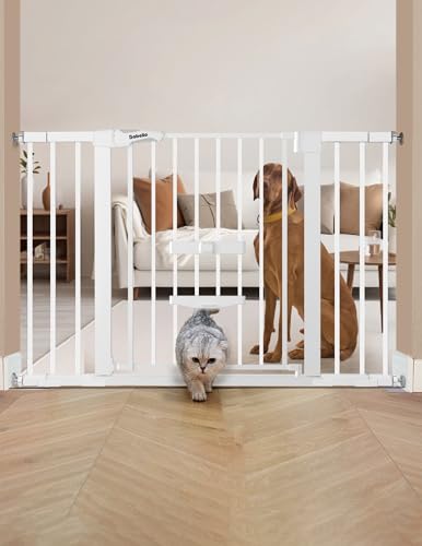 Babelio 29-48" Extra Wide Baby Gate with Cat Door, Auto Close Metal Pet Door for Stairs, Doorways, House, Pressure/Hardware Mounted, Easy Walk Thru, White