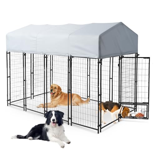GIODIR 8x4x6 FT Outdoor Dog Kennels for Large Dogs, Heavy Duty Welded Wire Steel Outside Dog Kennel with Roof, Dog Pens with 2 Rotating Dog Bowls, Dog Playpen Fence with Secure Lock for Backyard