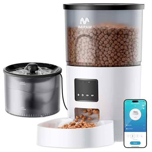 IMIPAW 5G WiFi Automatic Cat Feeder and Water Dispenser, Timed Dry Food Dispenser APP Remote Control, Programmable Portions, with Desiccant, Cat Fountains for Drinking with Filter, Small Pets (Combo)
