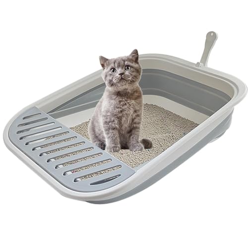 chuyouan Collapsible Kitten Litter Box, 17.7 x 13.4 x 5 inch Open Cat Potty Pan with Scoop Foldable Shallow Cat Toilet Anti-Splashing Low Entrance Travel Litter Box with Falling Sand Pedal Grey