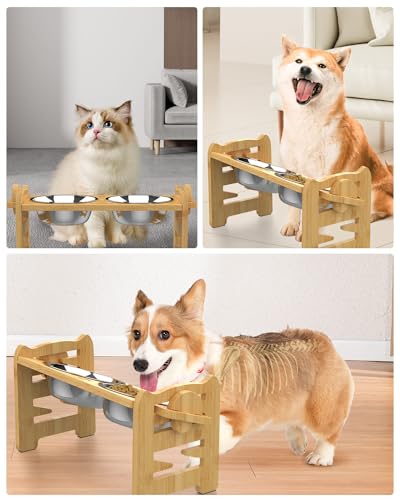 Jovrun Elevated Dog Bowls, Adjustable Raised Dog Bowl Stand for Small Size Dogs and Cats, 15°Tilted Elevated Cat Bowls, Durable Bamboo Dogs Feeder with 2 Stainless Steel Bowls and Non-Slip Feet