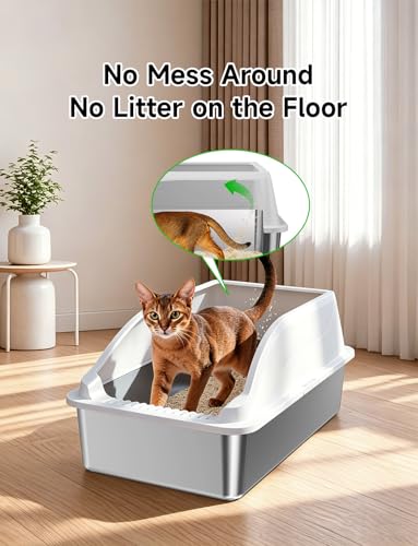 KISENG Stainless Steel Cat Litter Box, Extra Large XL Odor Free Metal Litter Box with High Sides Lid, Open Top Litter Pan Include Scoop Easy Cleaning Kitty Cat Box Anti-Urine Leakage, Non-Sticky