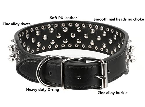 Hoot PU Leather Adjustable Spiked Studded Dog Collar 2" Wide 43 Spikes (L(Neck 21"-24"), Black)
