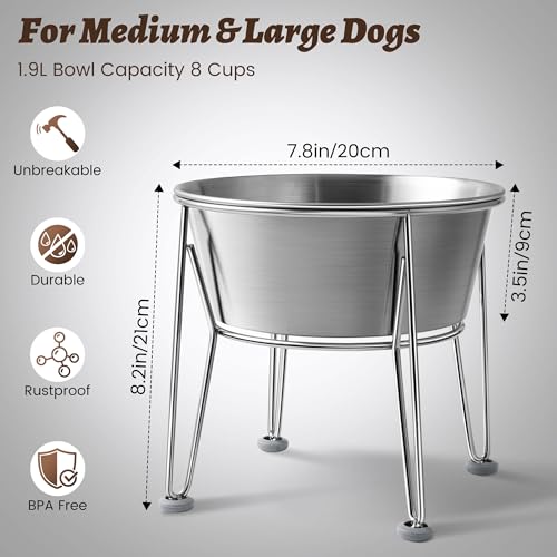 Wellbro Elevated Dog Bowls for Large & Medium Dogs - Stainless Steel 64oz/8 Cup Raised Feeder with Non-Slip Base, Dual Food & Water Bowls 2-Pack
