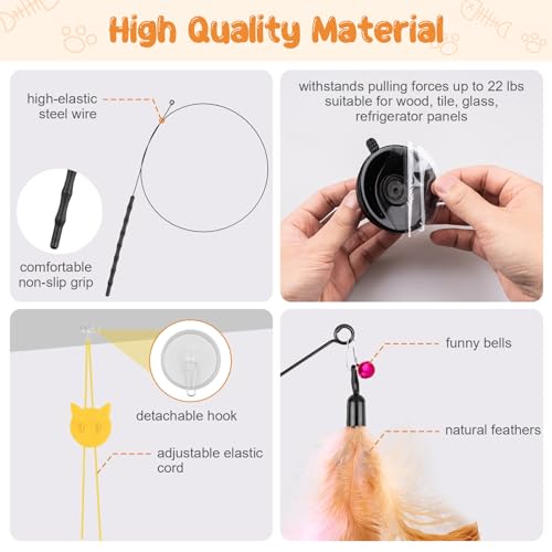 Depets Cat Wand Toy, 15 Pcs Interactive Cat Feather Toys for Indoor Self Play & Exercise, 2 Play Modes Kitten Teaser Wand, Reusable Suction Cup Kitten Toys