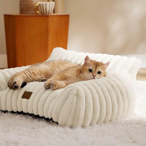 Bedsure ComfyFleece™ Cute Cat Couch for Pets - As Seen on TV on Good Day New York, Fluffy Cats beds for Indoor Cats with Removable Washable Cover, Supportive Pet Sofa, 24inch, Cream