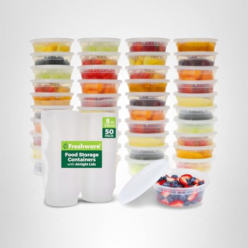 Freshware Food Storage Containers [50 Set] 8 oz Plastic Deli Containers with Lids, Slime, Soup, Meal Prep Containers | BPA Free | Stackable | Leakproof | Microwave/Dishwasher/Freezer Safe