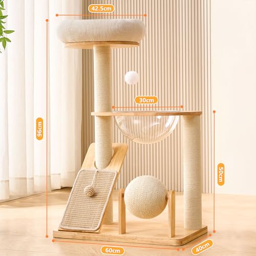 HITTITE Solid Wood Cat Tree Tower with Scratching Post, 37.8 Inches Tall Cat Towers with Scratching Board and Scratcher Ball, Modern Cat Tower With Space Capsule and Removable Top Bed for Indoor Cats.
