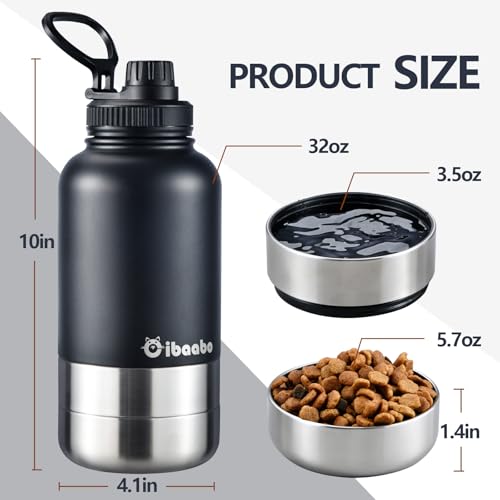 Cibaabo Insulated Dog Water Bottle with 2 Bowls, 32oz Travel Stainless Steel Double Wall Thermos, Portable Pet Dispenser, Gifts for Puppy Small Medium Dogs Walking Hiking and Camping