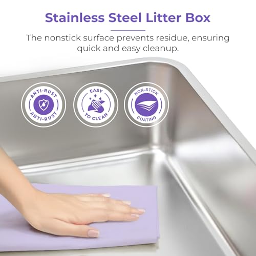 iPrimio XL Stainless Steel Litter Box with Lid - High-Sided Metal Litter Box with Enclosure for Big Cats - Easy to Clean, Rust-Resistant, and Durable - Never Absorbs Odors - 23.5 x 15.5 x 6 in