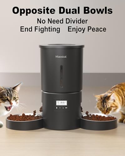 Automatic Cat Feeder 2 Cats, 4.2L Dry Food Auto Dispenser with Double Bowls,Dual Power Supply,Programmable Portion Control,10s Voice Recorder(Black,Stainless Steel Bowls) (Pure Black)