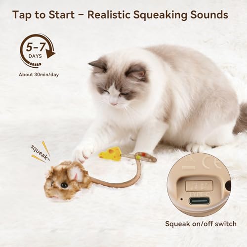 Migipaws Interactive MigiMouse Cat Toy 360° Rolling & Spin with Mesh Plastic Tail for Indoor Cats Smart Motion Sensor, Realistic Squeak, Rechargeable Plush Kitten Toy(Brown Long)