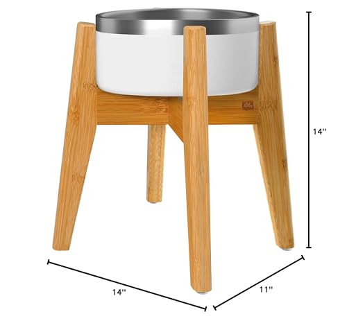 Dog Bowl Stand (14-inch High) - Ideal for Large Breeds, Use to Elevate, Raise Pet Dishes, Water Fountains and Slow Feeders - Adjustable Sideways, Bamboo - (Bowls not Included)