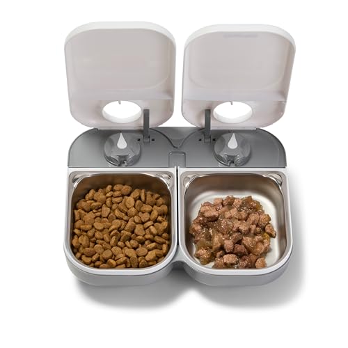 Closer Pets C200 2 Meal Timer-Controlled Automatic Pet Feeder - for Cats and Small Dogs, Wet or Dry Food, Stainless Steel Bowl Inserts and Ice Pack, up to 14 oz Each, White