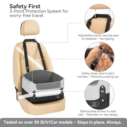 A 4 Pet Dog Car Seats for Small Dogs Under 25lbs – Safety Travel Booster Seat with Patent Buckles, Adjustable Leash – Reduces Anxiety & Road Trips – Frame Support for Cars, SUV, Pickup