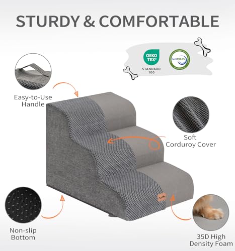 Made4Pets Dog Stairs Ramp for Small Dogs 15.7" H, 3-Step Dog Steps for Bed Couch Sofa and Chair, 35D Foam Pet Steps for Small Dogs and Cats, Non-Slip Bottom Pet Stairs, Grey