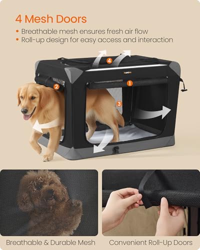 Feandrea Collapsible Dog Crate, Portable Oxford Fabric Pet Travel Crate with 4 Mesh Doors, Handles, Pocket, 36 Inches, for Large Dogs, Ink Black and Dove Gray UPDC029BH01