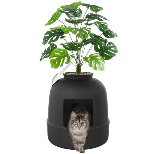 Lifewit Cat Litter Box, Hidden Enclosure Litter Tray with Odor Control & Carbon Filter in Living Room, Bedroom, Corner with Faux Plant& Plastic Scoop, 48 x 120 cm/19x47, Black