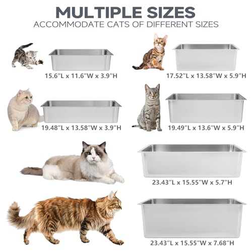 Kirecoo Stainless Steel Cat Litter Box - Metal High Sided Cat Pan, Large Stainless Steel Box, Indoor Litter Tray, Non Stick, No Smell, Easy to Clean, Pet Toilet Supplies for Kitten, Kitty, Rabbit