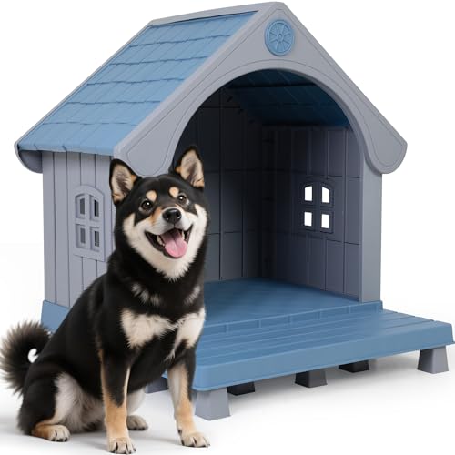 COZIWOW Large Dog House Outdoor Waterproof Plastic Pet Shelter with Porch, All-Weather Insulated Dog Kennel for Medium to Large Dogs, Easy Assembly, 36.6”L x 34.3”W x 37.8”H