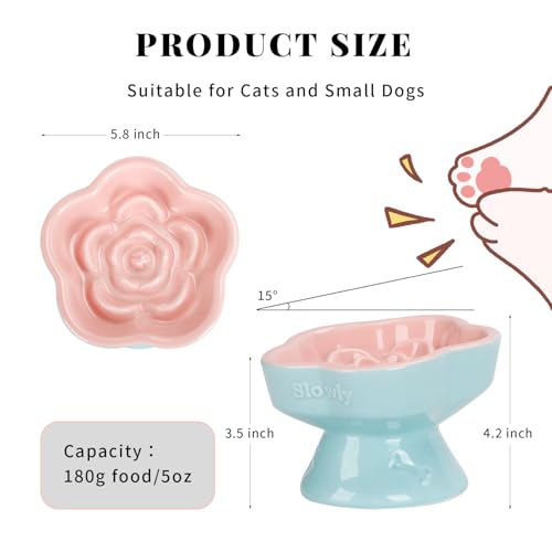 S&Q's CERAMICS Raised Slow Feeder Cat Bowl, Ceramic Elevated and Titled Glass Food Bowl Small Dogs Slow Feeder, Flower Shaped Cute Cat Dish for Dry and Wet Food (Pink, 5.8")