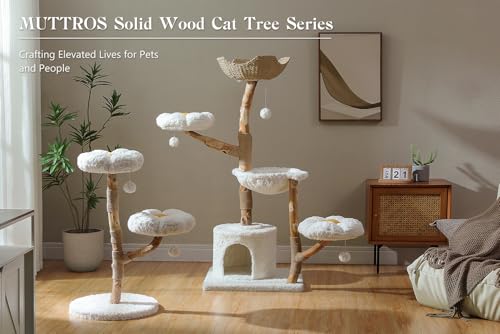 MUTTROS 59" Modern Cat Tree Tower for Large Cats w/2 Flower Perches-Natural Solid Wood Scratching Post with Real Branch-Luxury Boho Cat Furniture w/Condo & Wicker Basket Bed, Cloud White
