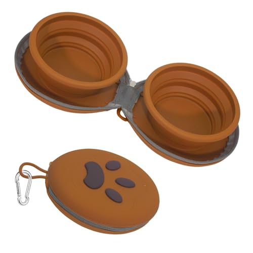 Gdsun Collapsible Dog Bowls, 2-in-1 Silicone Pet Food and Water Bowl with Carabiner, Portable Double Compartment Dish for Travel, Camping, Hiking Puppy Essentials (Brown)